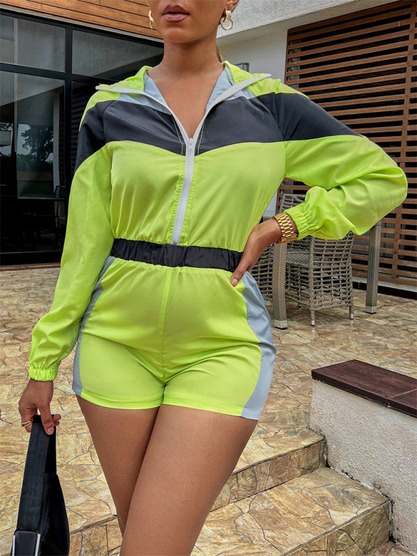 Women's Casual Splicing Contrast Color Zipper One-Piece Shorts