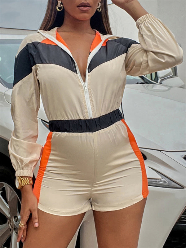 Women's Casual Splicing Contrast Color Zipper One-Piece Shorts