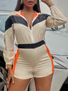 Women's Casual Splicing Contrast Color Zipper One-Piece Shorts
