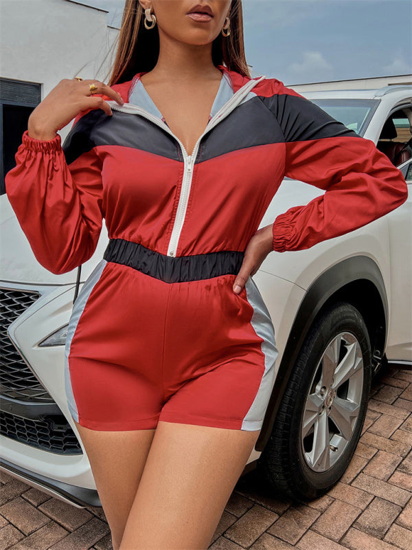 Women's Casual Splicing Contrast Color Zipper One-Piece Shorts