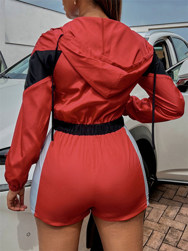 Women's Casual Splicing Contrast Color Zipper One-Piece Shorts