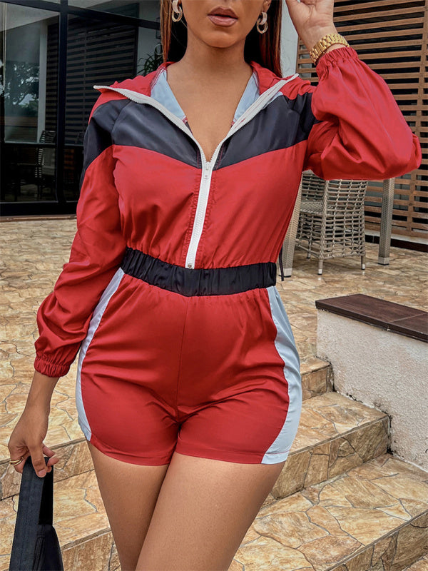 Women's Casual Splicing Contrast Color Zipper One-Piece Shorts