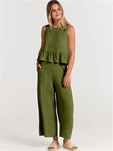 Women's Ruffle Sleeveless Top With Matching Wide-leg Pants