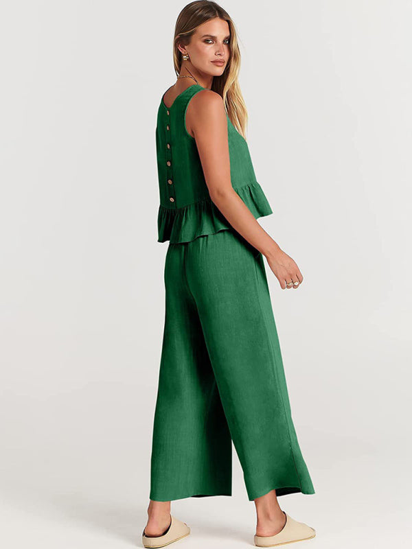Women's Ruffle Sleeveless Top With Matching Wide-leg Pants