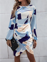 Women's Slim Round Neck Geometric Print Long Sleeve Dress
