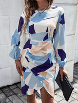 Women's Slim Round Neck Geometric Print Long Sleeve Dress