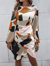 Women's Slim Round Neck Geometric Print Long Sleeve Dress