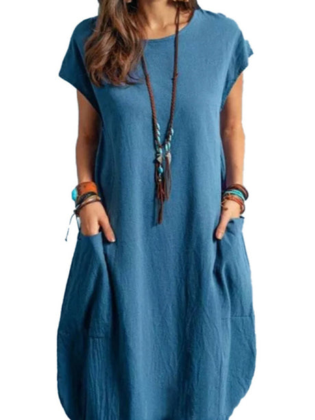 Women's Solid Color Short Sleeve Pocket Sweatshirt Dress