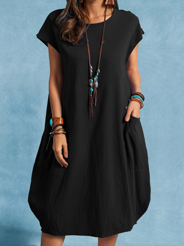 Women's Solid Color Short Sleeve Pocket Sweatshirt Dress