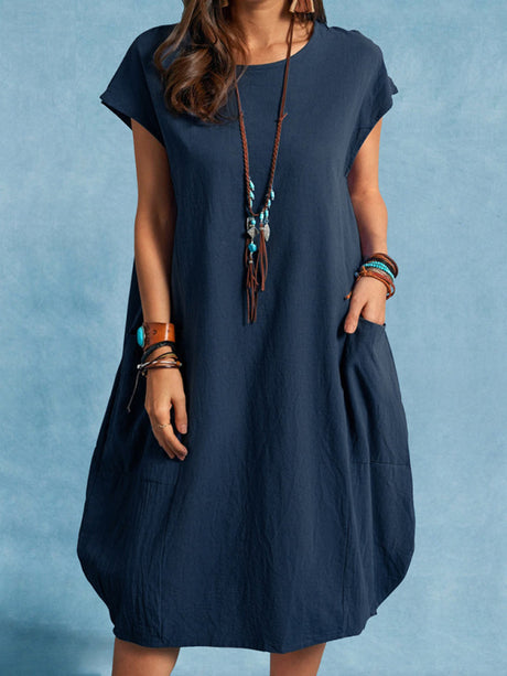 Women's Solid Color Short Sleeve Pocket Sweatshirt Dress