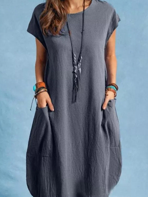 Women's Solid Color Short Sleeve Pocket Sweatshirt Dress