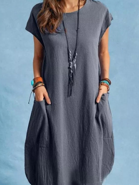 Women's Solid Color Short Sleeve Pocket Sweatshirt Dress