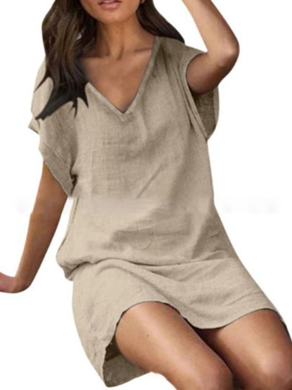 $26.13 Cotton linen solid color loose V-neck short-sleeved dress