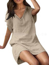 $26.13 Cotton linen solid color loose V-neck short-sleeved dress