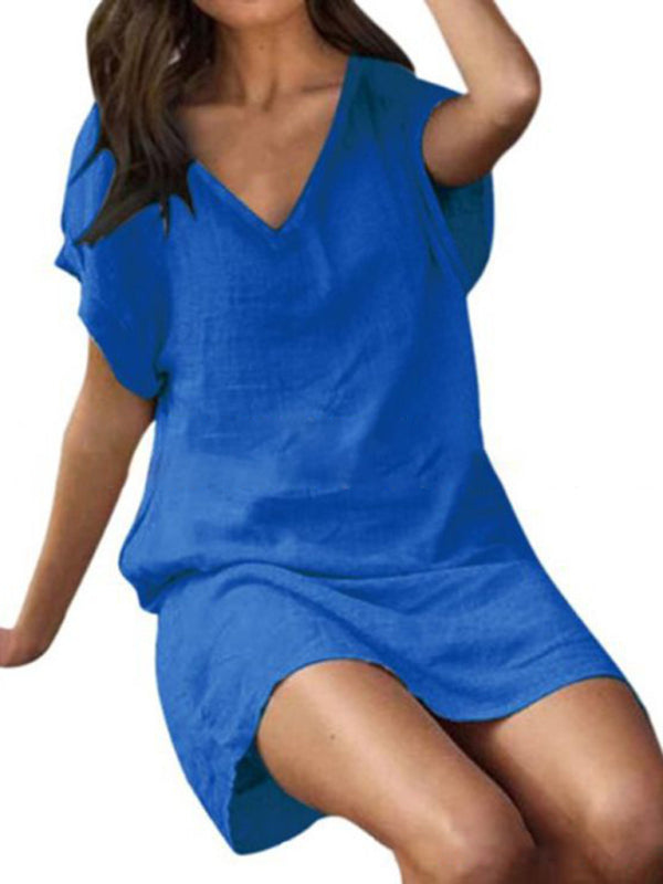$26.13 Cotton linen solid color loose V-neck short-sleeved dress