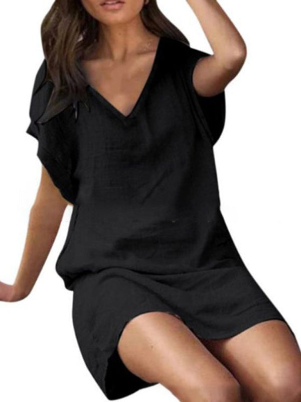 $26.13 Cotton linen solid color loose V-neck short-sleeved dress