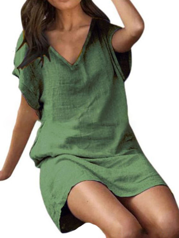 $26.13 Cotton linen solid color loose V-neck short-sleeved dress