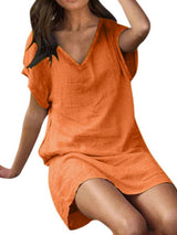 $26.13 Cotton linen solid color loose V-neck short-sleeved dress