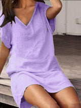$26.13 Cotton linen solid color loose V-neck short-sleeved dress