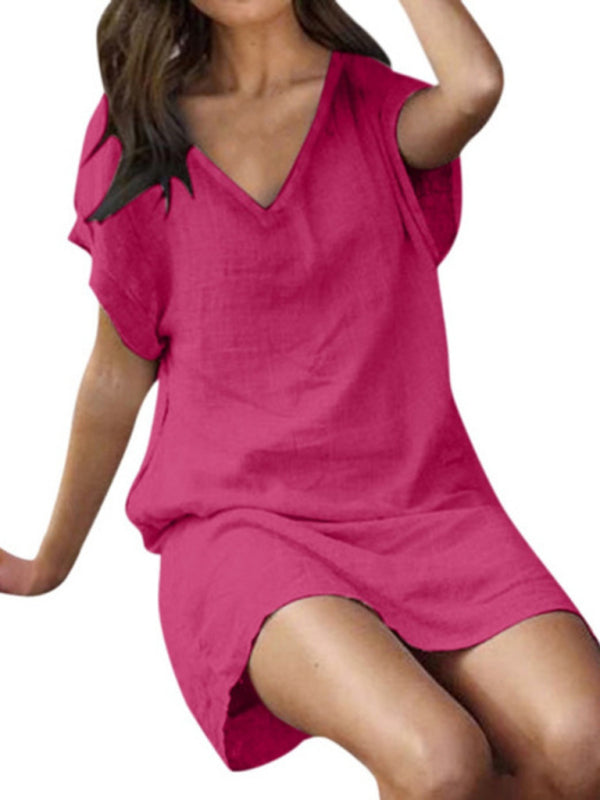 $26.13 Cotton linen solid color loose V-neck short-sleeved dress