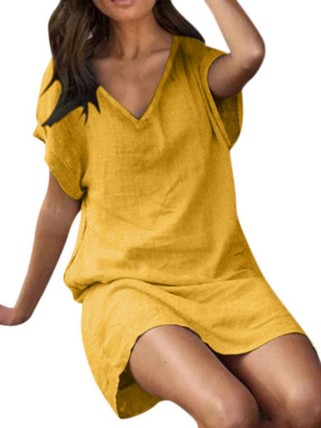 $26.13 Cotton linen solid color loose V-neck short-sleeved dress