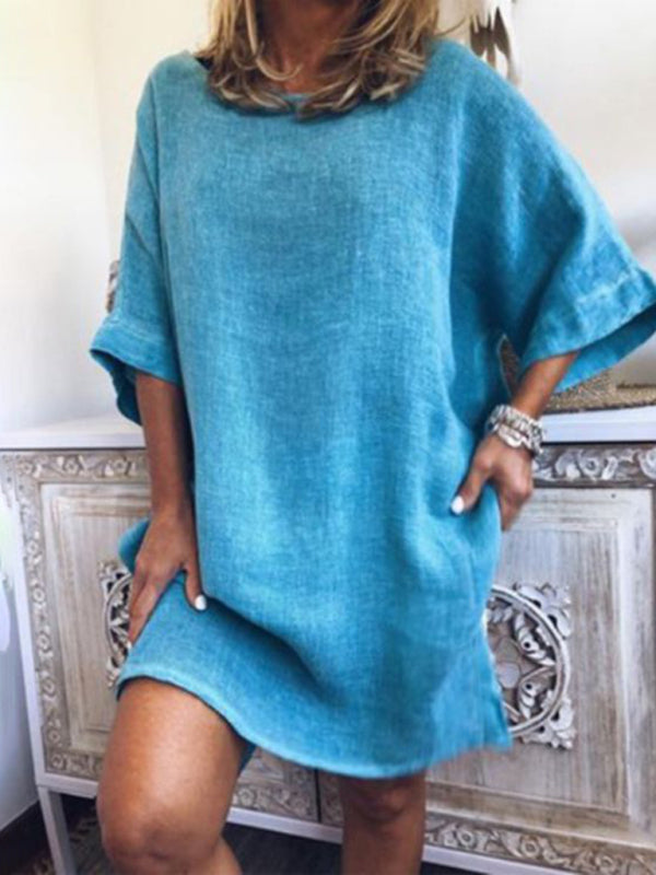 Summer new casual cotton linen solid color hem slit dress