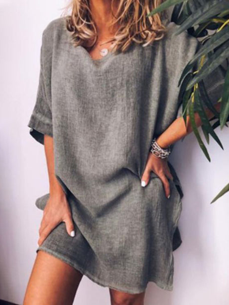 Summer new casual cotton linen solid color hem slit dress