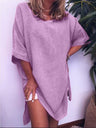 Summer new casual cotton linen solid color hem slit dress