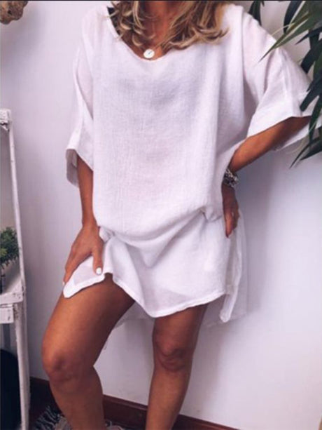 Summer new casual cotton linen solid color hem slit dress