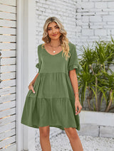 Women's Solid Color V-neck Tiered Ruffle Mini Dress