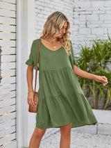Women's Solid Color V-neck Tiered Ruffle Mini Dress