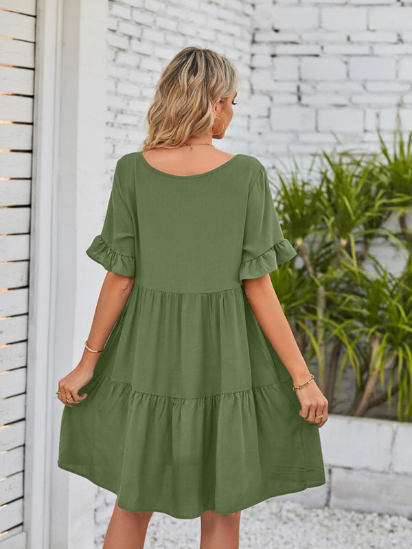 Women's Solid Color V-neck Tiered Ruffle Mini Dress