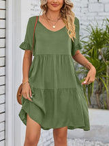 Women's Solid Color V-neck Tiered Ruffle Mini Dress