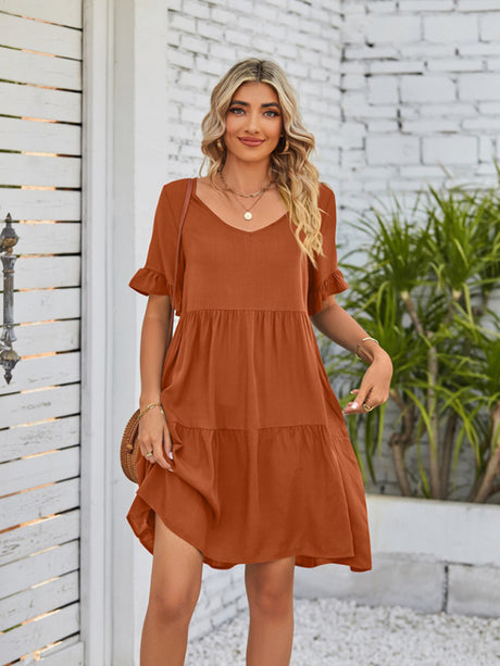 Women's Solid Color V-neck Tiered Ruffle Mini Dress