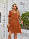 Women's Solid Color V-neck Tiered Ruffle Mini Dress
