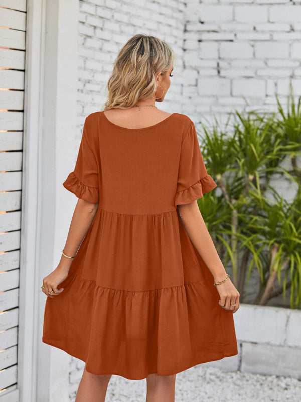 Women's Solid Color V-neck Tiered Ruffle Mini Dress