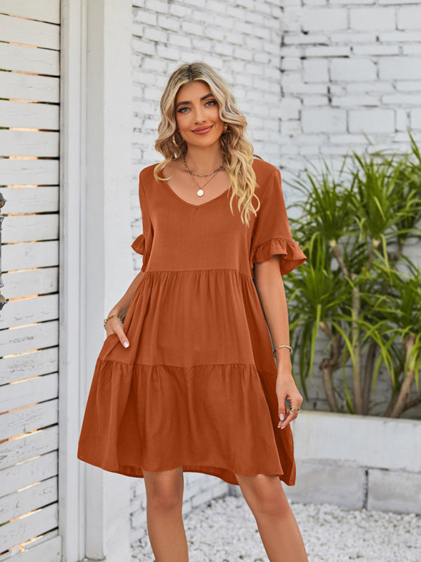 Women's Solid Color V-neck Tiered Ruffle Mini Dress