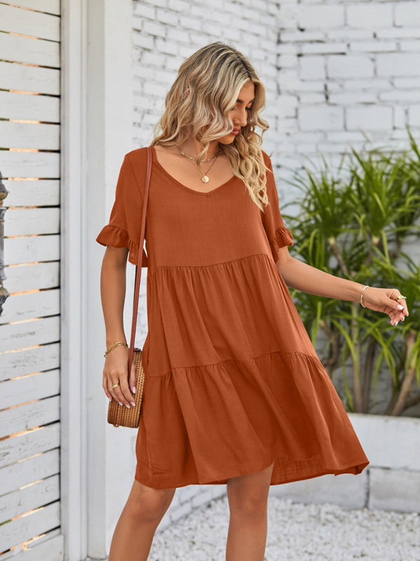 Women's Solid Color V-neck Tiered Ruffle Mini Dress