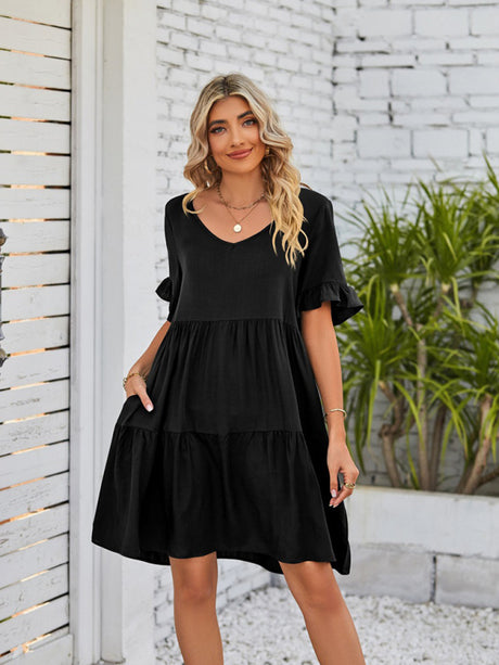 Women's Solid Color V-neck Tiered Ruffle Mini Dress
