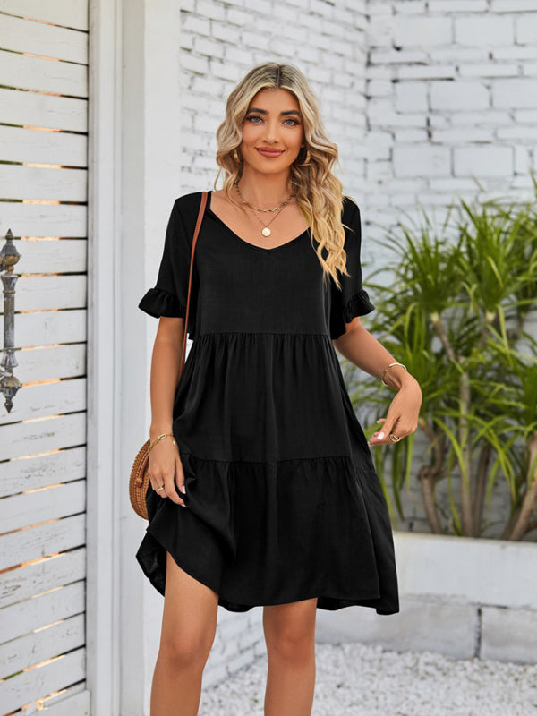 Women's Solid Color V-neck Tiered Ruffle Mini Dress