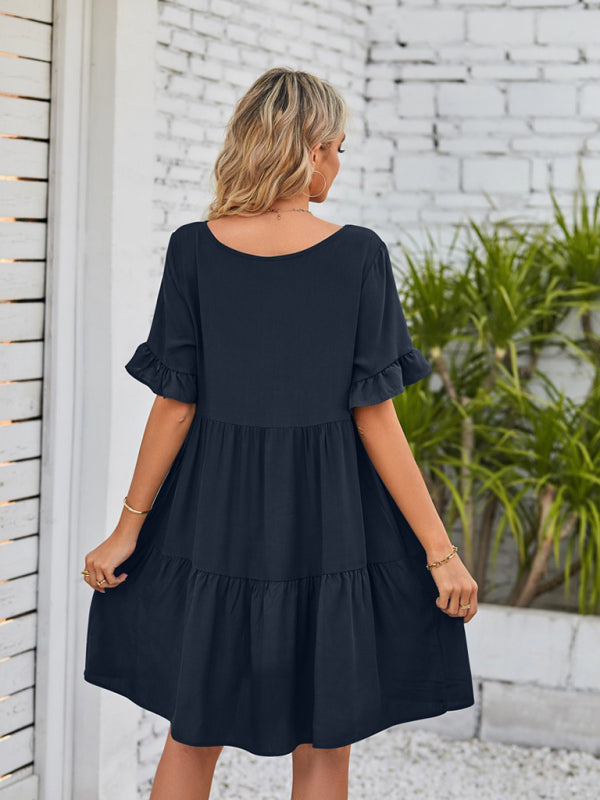 Women's Solid Color V-neck Tiered Ruffle Mini Dress