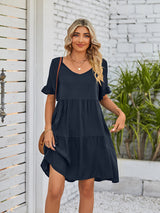 Women's Solid Color V-neck Tiered Ruffle Mini Dress