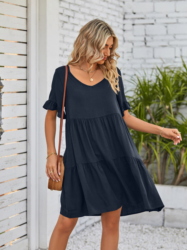 Women's Solid Color V-neck Tiered Ruffle Mini Dress