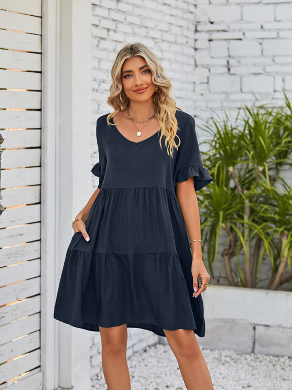 Women's Solid Color V-neck Tiered Ruffle Mini Dress