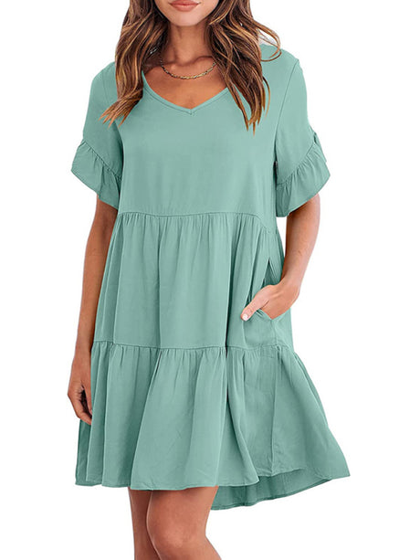 Women's Solid Color V-neck Tiered Ruffle Mini Dress