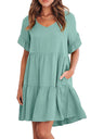 Women's Solid Color V-neck Tiered Ruffle Mini Dress