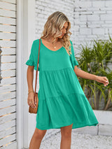 Women's Solid Color V-neck Tiered Ruffle Mini Dress