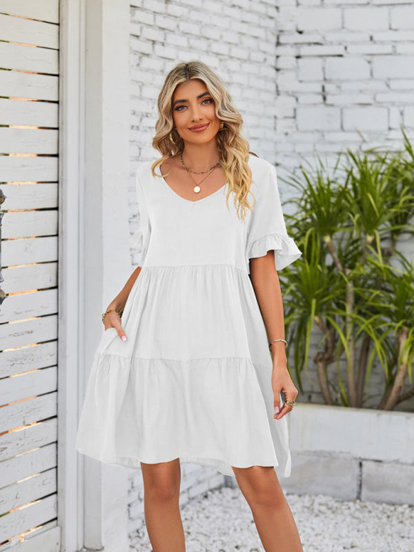 Women's Solid Color V-neck Tiered Ruffle Mini Dress