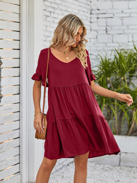 Women's Solid Color V-neck Tiered Ruffle Mini Dress