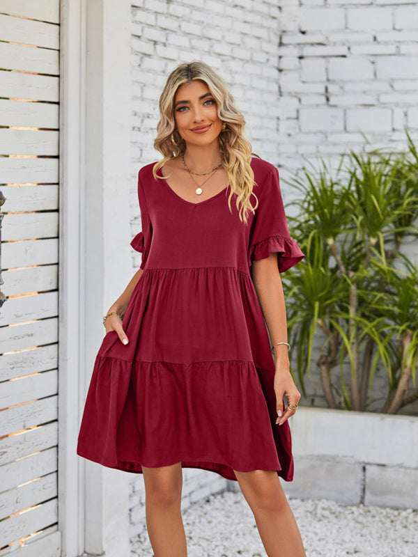 Women's Solid Color V-neck Tiered Ruffle Mini Dress